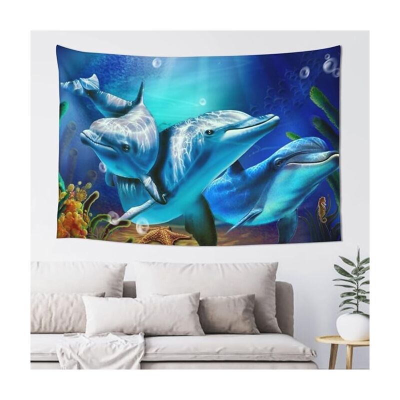 foto del prodotto bebusingoto arazzo con delfino blu, arazzo decorativo da appendere alla parete, adatto per camera da letto, soggiorno, dormitorio, decorazione per