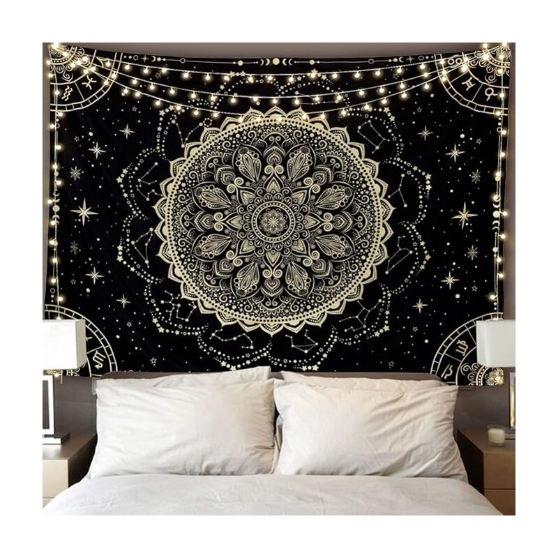 foto del prodotto bebusingoto arazzo da parete mandala nero oro, astrologia, estetica hippie, decorazione da parete boh mien, decorazione per la casa, per camera da