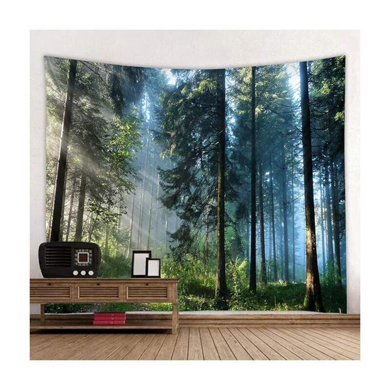 foto del prodotto bebusingoto arazzo con paesaggio di foresta magica per arredo casa, soggiorno, camera da letto, tende decorative morning forest, 152,4 cm di