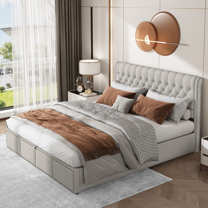 foto del prodotto letti contenitori 160x200cm, senza materasso, lino, idraulico, letti matrimoniale, decorazione rivetto, letti adulto, grigio chiaro