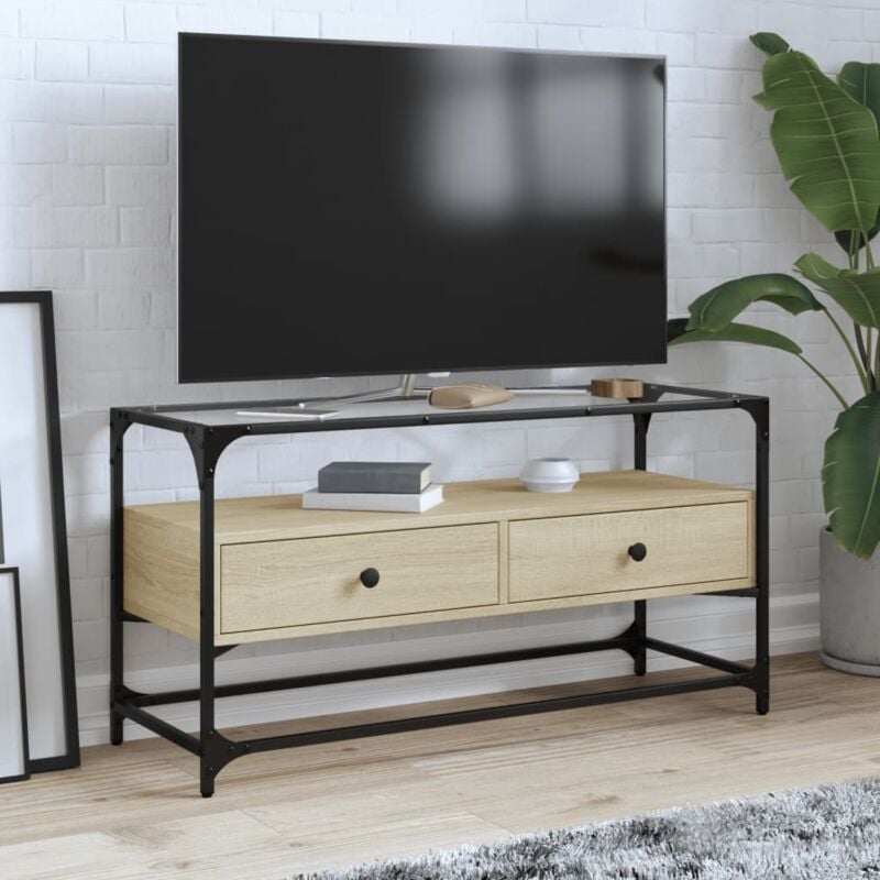 foto del prodotto vidaxl mobile tv piano vetro rovere sonoma 98x35x51 legno multistrato