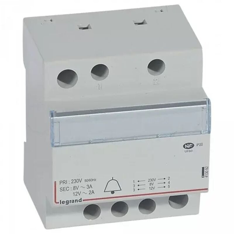 foto del prodotto 413092 trasformatore per suoneria e230v 12-8v- 24va 4mod - legrand
