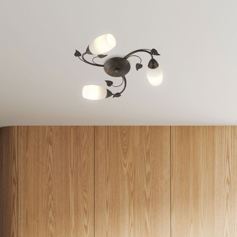 foto del prodotto nowa plafoniera 3 faretti plafoniera lampada da soggiorno foglie di vetro color ruggine, metallo, 3x prese e14, dxh 50x14 cm