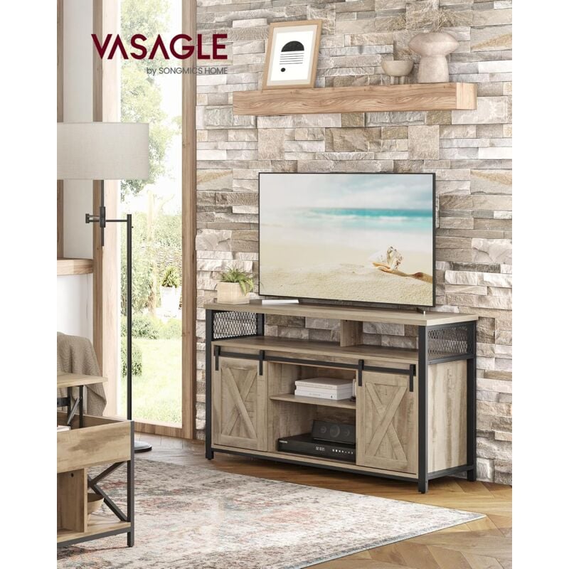 foto del prodotto vasagle mobile tv, tavolo porta tv fino a 60 pollici, tavolo tv con ripiani regolabili, ante scorrevoli, struttura in metallo, marrone rovere e nero