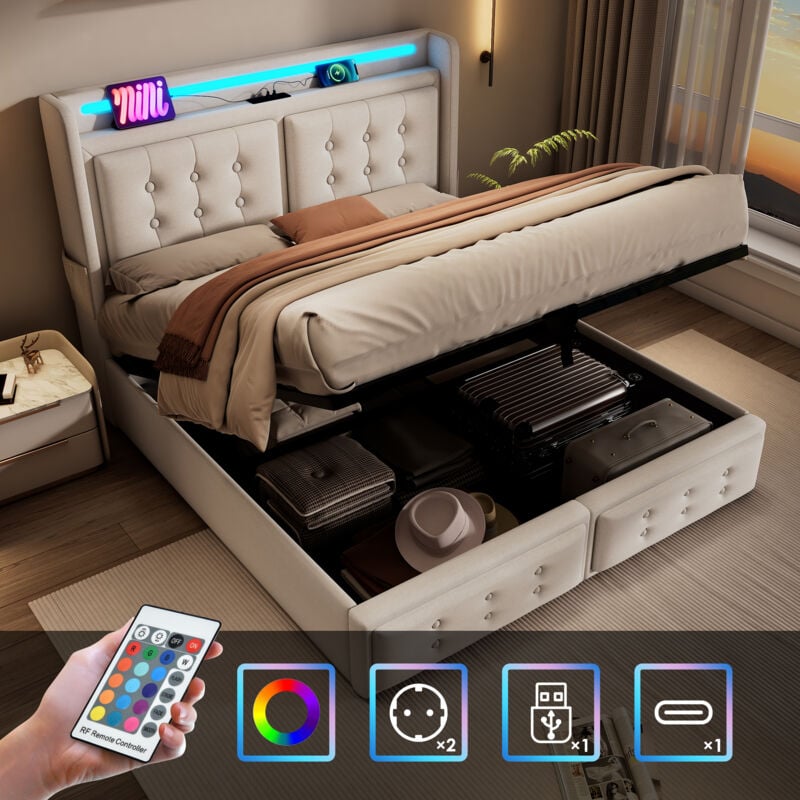 foto del prodotto letti contenitori, letto per adulti, led, usb c, letto matrimoniale 180x200cm, beige, portata 300 kg, senza materasso