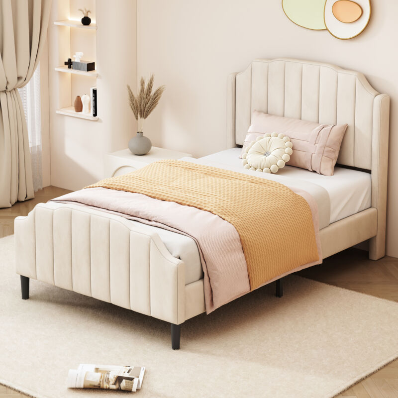 foto del prodotto letti singoli 90x200 cm, letto per bambini, velluto, letto per ragazzi, letto supplementare, beige