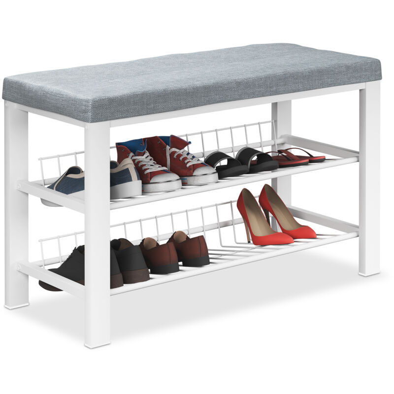 foto del prodotto panca scarpiera da ingresso, 2 ripiani portascarpe, panchina cuscino imbottito, 50,5x82x33 cm, bianco grigio relaxdays