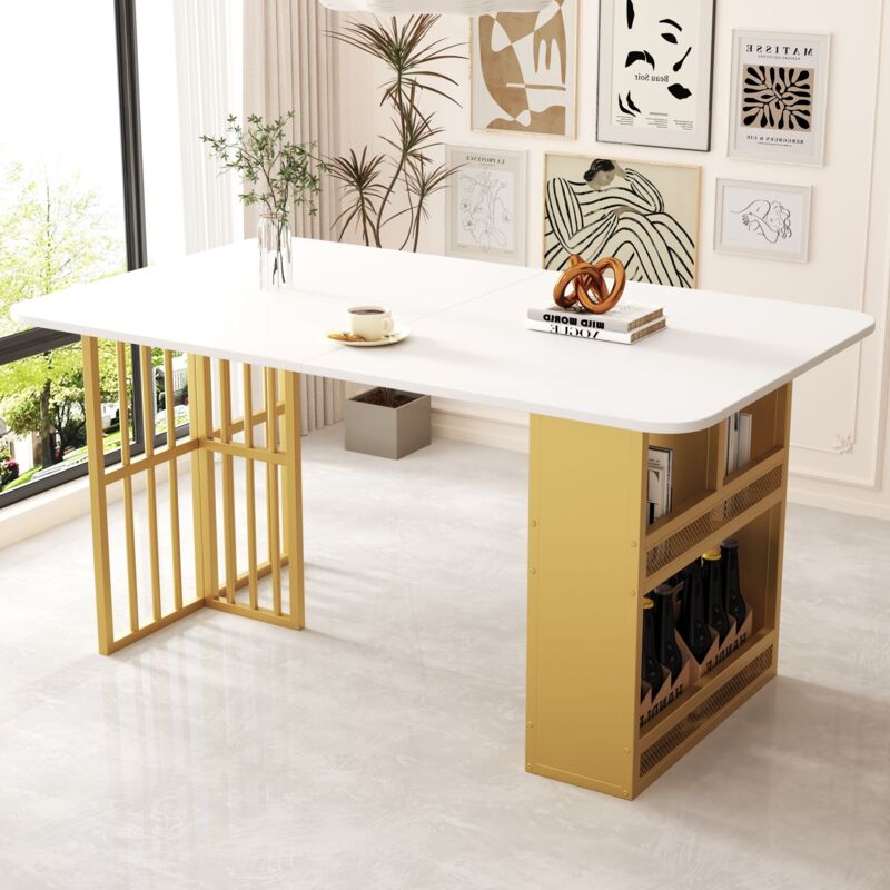 foto del prodotto tavolo da pranzo rettangolare tavolo da soggiorno con ripiani contemporaneo 4 persone 160x80x78 cm bianco oro
