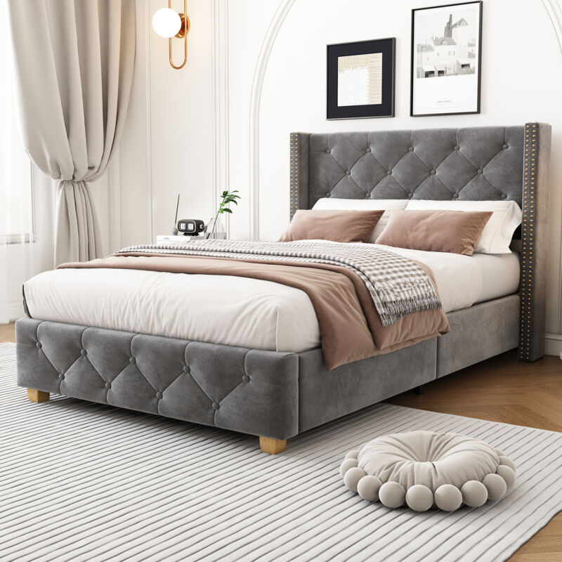foto del prodotto letti singoli 90x200cm, velluto, senza materasso, letti per bambini, grigio