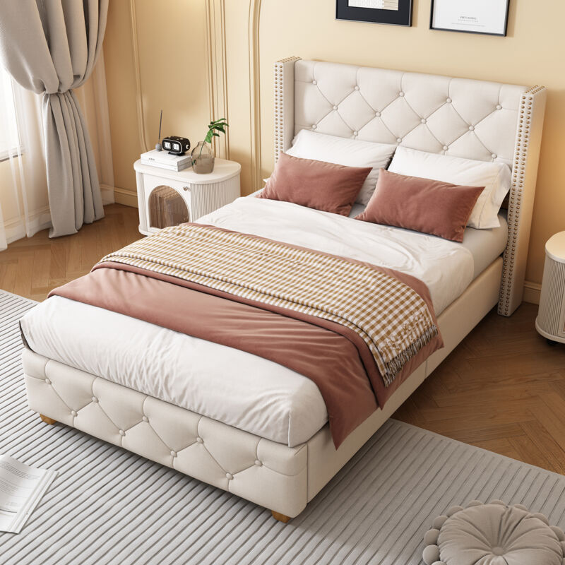 foto del prodotto letti singoli 90x200cm, lino, senza materasso, letti per bambini, beige