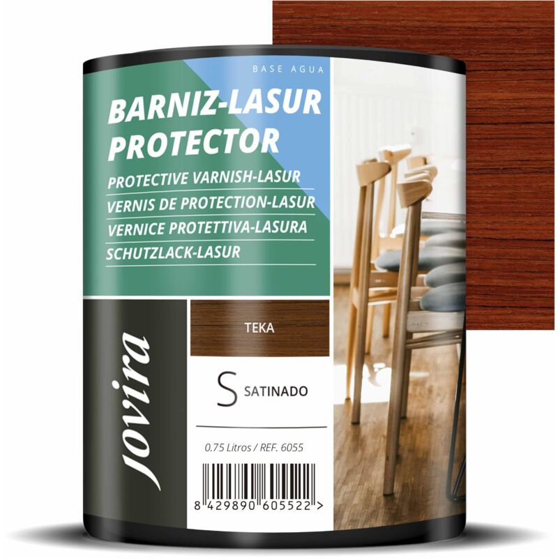 foto del prodotto jovira pinturas vernice lasur protettiva satinato a base d acqua. protegge, decora e impreziosisce tutti i tipi di legno. 750 millilitri, teak .