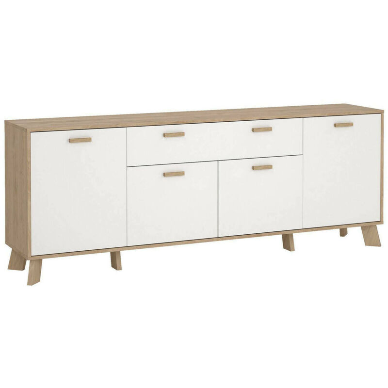 foto del prodotto credenza claribel, buffet da soggiorno, madia da salotto, dispensa da cucina, 196x39 h73 cm, rovere e bianco dmora
