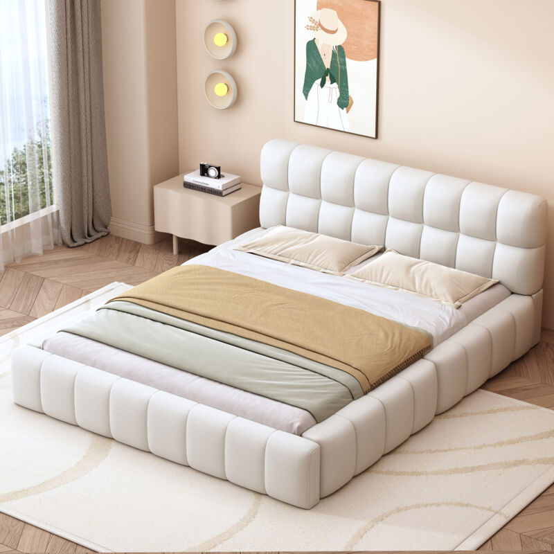 foto del prodotto letto per adulti 140x200 cm, letto per ragazzi, letto matrimoniale imbottito beige con schienale morbido, rete a doghe, biancheria, senza materasso