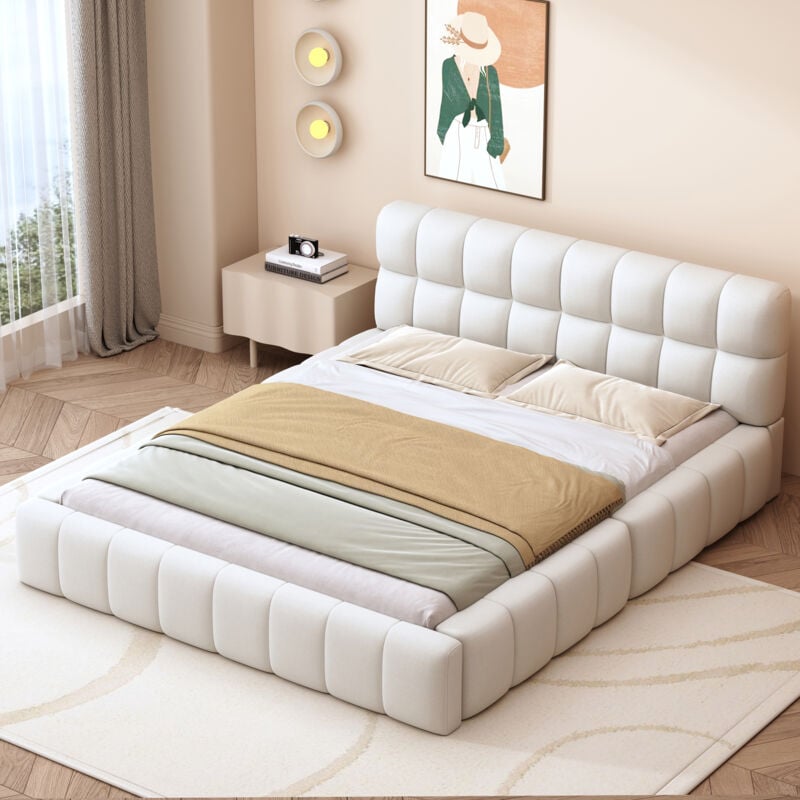 foto del prodotto letti matrimoniale per adulti bambini 140x200cm, rete a doghe, imbottito, lino, senza materasso, beige