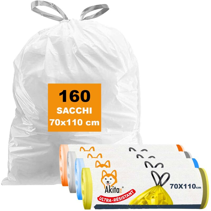 foto del prodotto akitaink, 160 sacchi per pattumiera 70x110 con manici alta resistenza, 110l