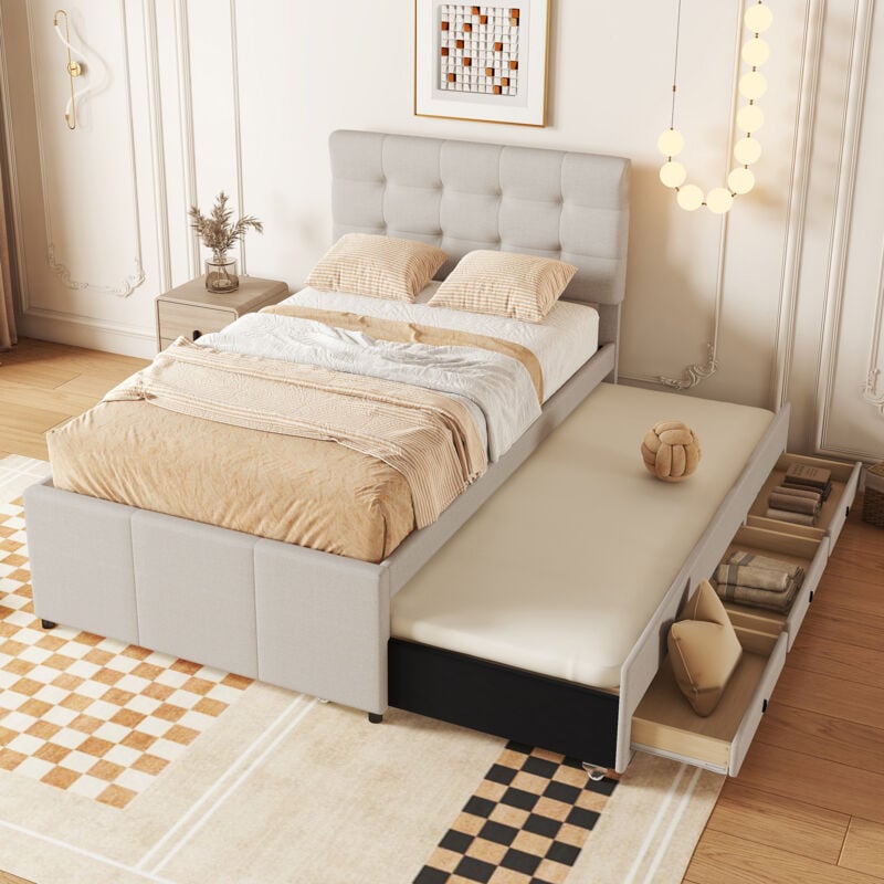 foto del prodotto letto imbottito, 90x200 cm 90x190 cm , letto familiare, letto con tre cassetti, letto estraibile, testiera regolabile, senza materasso, beige