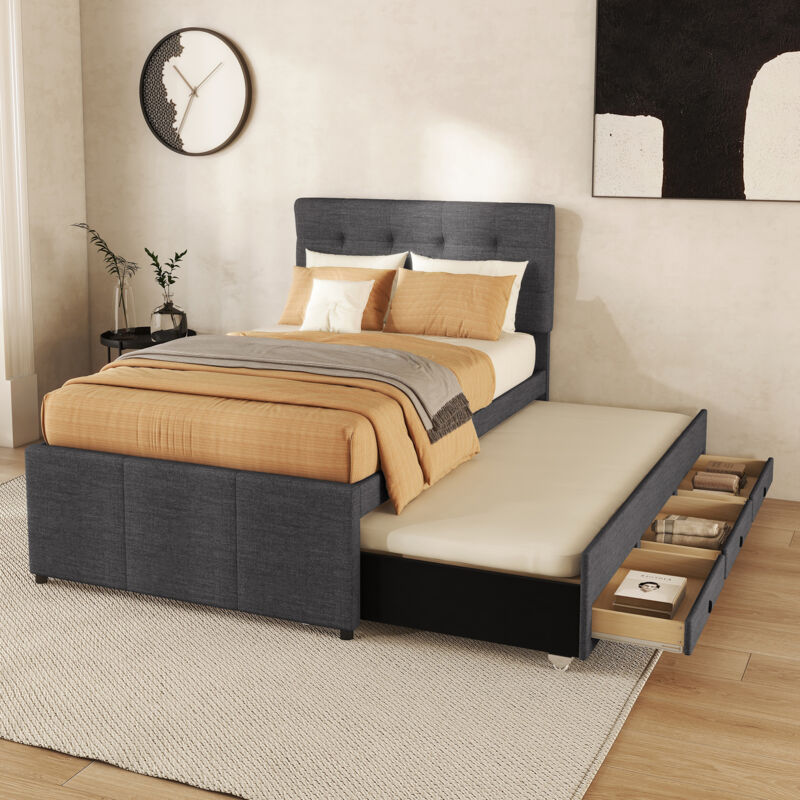 foto del prodotto letto imbottito, 90x200 cm 90x190 cm , letto familiare, letto con tre cassetti, letto estraibile, testiera regolabile, senza materasso, grigio