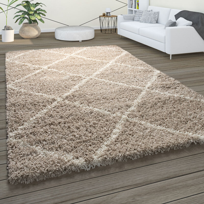 foto del prodotto paco home morbido tappeto a pelo lungo shaggy per soggiorno in stile scandinavo con motivo a rombi beige, 200 cm quadrato