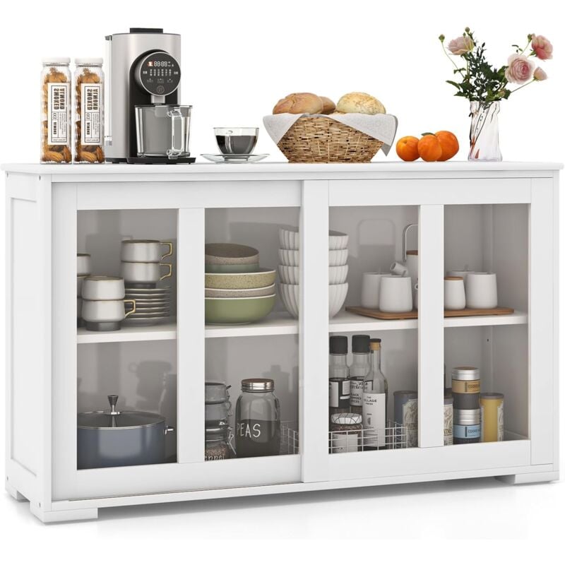 foto del prodotto buffet cuisine, armoire cuisine avec 2 etag res, 2 portes coulissantes en verre, meuble bas cuisine pour salon, 107 x 33 x 64 cm blanc costway