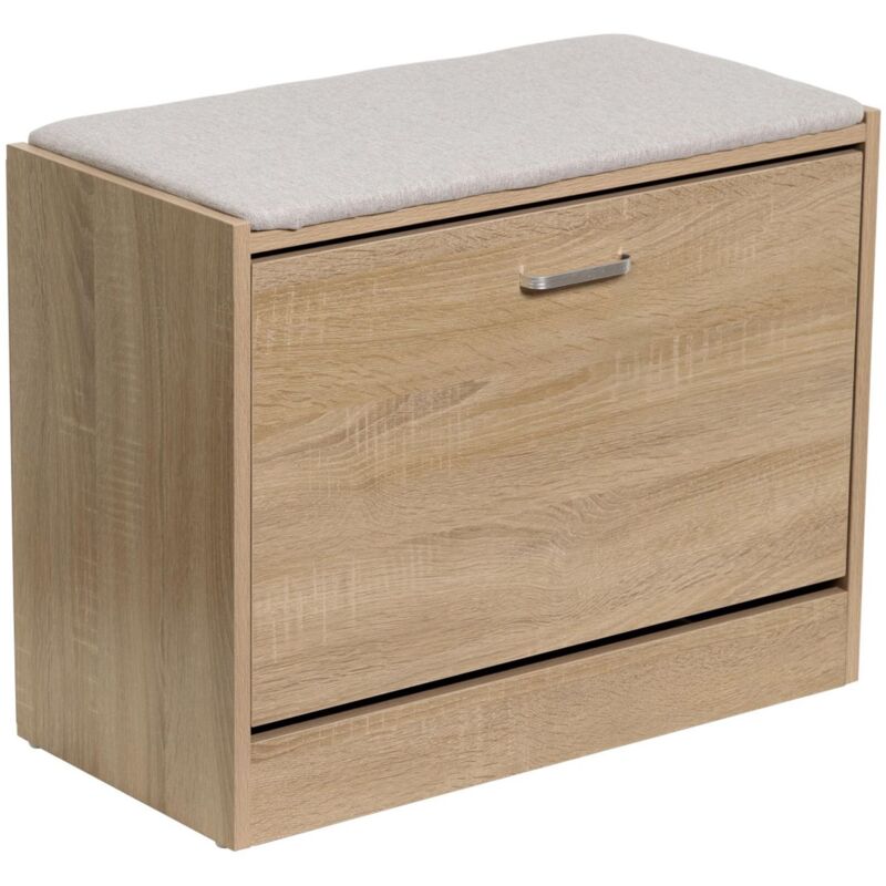 foto del prodotto panca scarpiera porta scarpe in legno con cuscino seduta in tessuto 3 ripiani anta a ribalta da ingresso 30 x 63 x 50h cm rovere marvin