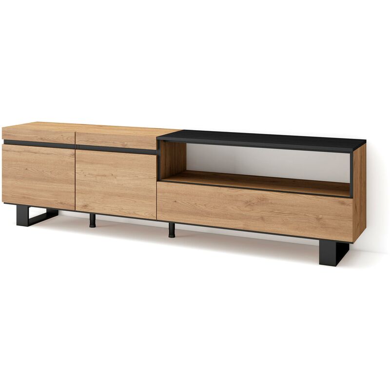 foto del prodotto mobile tv soggiorno, ampio spazio a disposizione, 200x57x35cm, per tv fino a 80 , design industriale, stile moderno, rovere e nero skraut home