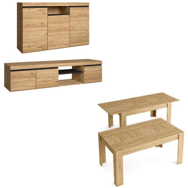 foto del prodotto set naturale soggiorno sala da pranzo, credenza mobile tv 160cm tavolo allungabile rovere nero skraut home