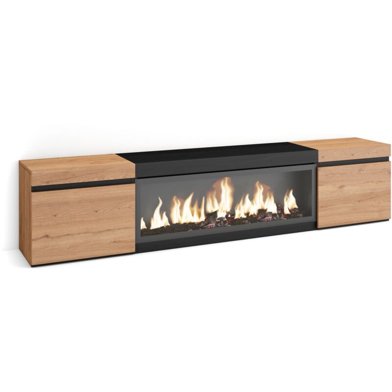 foto del prodotto mobile tv soggiorno, ampio spazio a disposizione, 210, per tv fino a 80 , camino elettrico xxl, stile moderno, rovere e nero skraut home