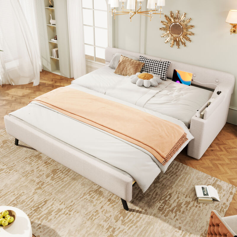 foto del prodotto divano letto 90x200cm, letto singolo adulto bambino con letto estraibile, usb type c, senza materasso, lino, beige