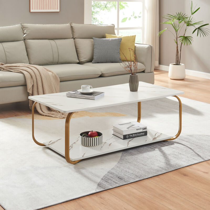 foto del prodotto tavolino centrale da salotto kolta con ripiano 120x60x43 cm effetto marmo bianco dorato en.casa 