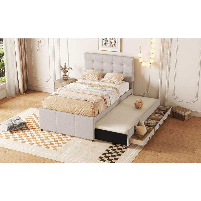 foto del prodotto letti estraibile 90x200 cm 90x190 cm , letti singoli, letti bambino adulto, con tre cassetti e testiera regolabile, lino, senza materasso, beige