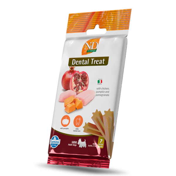 foto del prodotto farmina n d pumpkin grain free snack dentali per cani adult mini 60 gr snack dentale n d pumpkin pollo e melograno 60 gr 1 ordine scegli lo sconto bzr5 bzr20 200 punti fedelt 