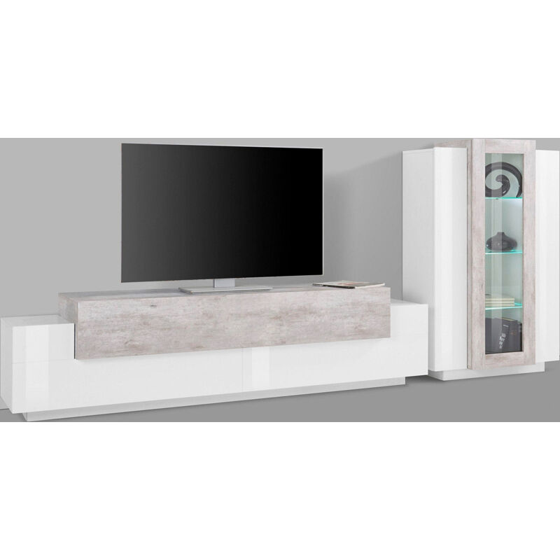 foto del prodotto giordanoshop parete attrezzata soggiorno porta tv 200x45x51,6 cm con vetrina coro bianco lucido e cemento