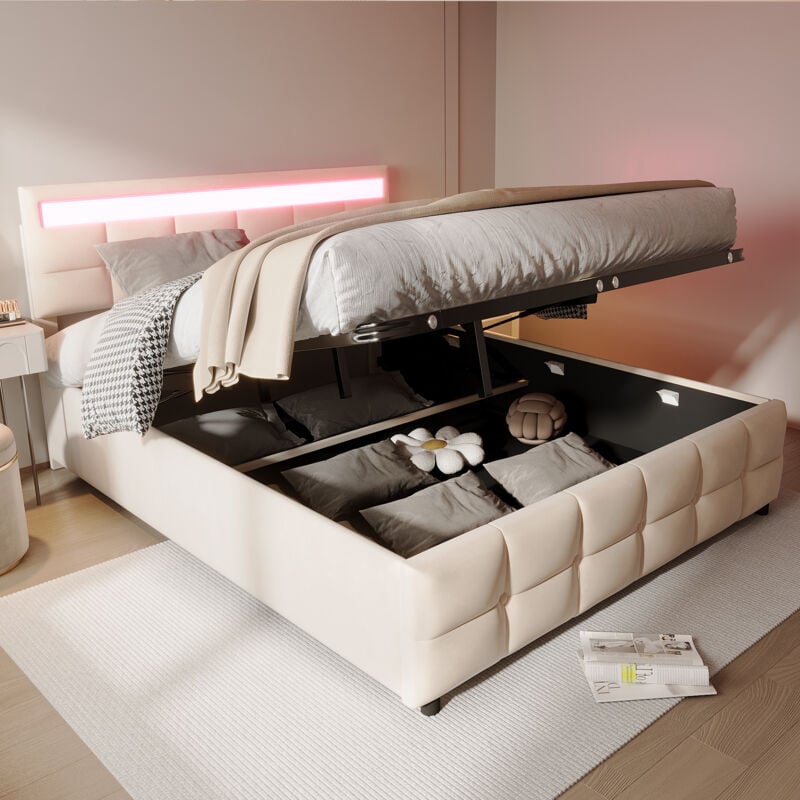foto del prodotto letti contenitori 180x200cm letti per adulti, letti matrimoniale, led, velluto olandese, senza materasso, beige