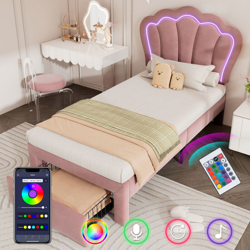 foto del prodotto letti singolo 90x190cm, letti imbottito adulto bambino, led, testiera regolabile, letti con cassetto, velluto, senza materasso, rosa