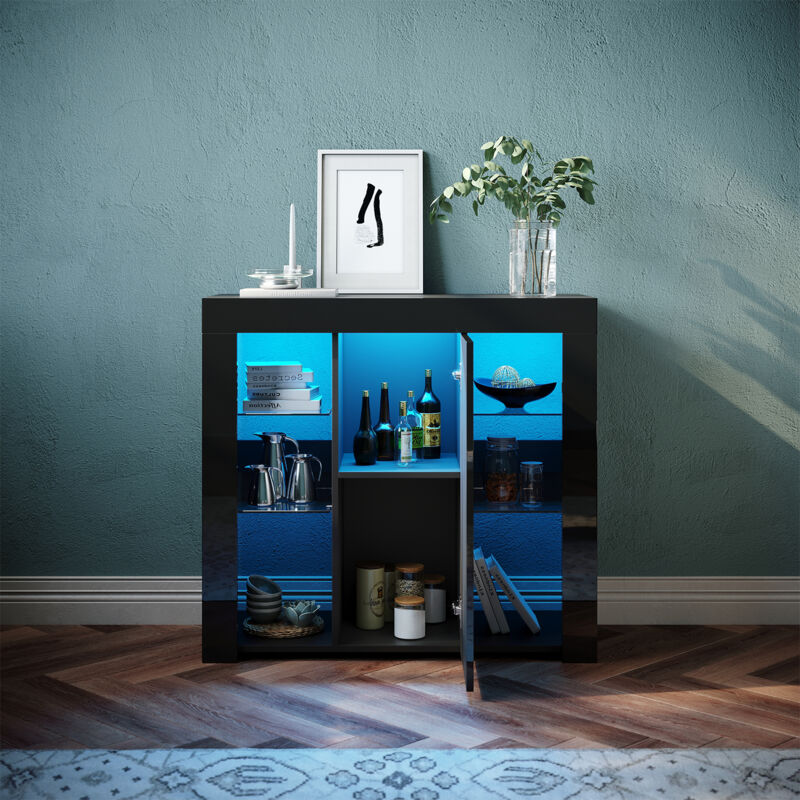 foto del prodotto credenza 1 anta con led madia moderna soggiorno mobiletto cucina scomparto aperto con vetro temperato nero 90x35x83cm sonni