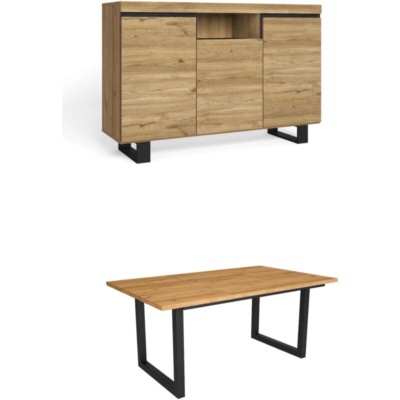 foto del prodotto set di mobili per il soggiorno, tavolo 170 piedi u 8 commensali, madia credenza 140 tall, rovere e nero, stile industriale skraut home