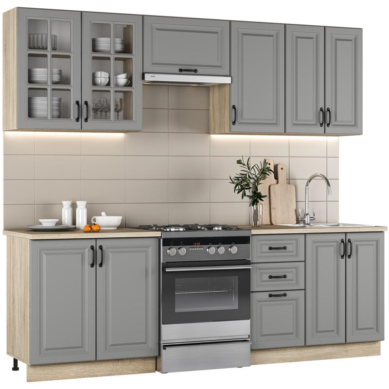foto del prodotto composizione cucina houston 1877, grigio, 240x60cm, con, truciolare laminato, vetro, truciolare laminato