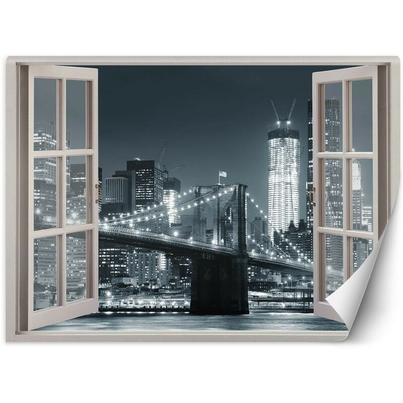 foto del prodotto gbshop carta da parati, finestra vista new york city ponte di brooklyn bianco nero 210x150