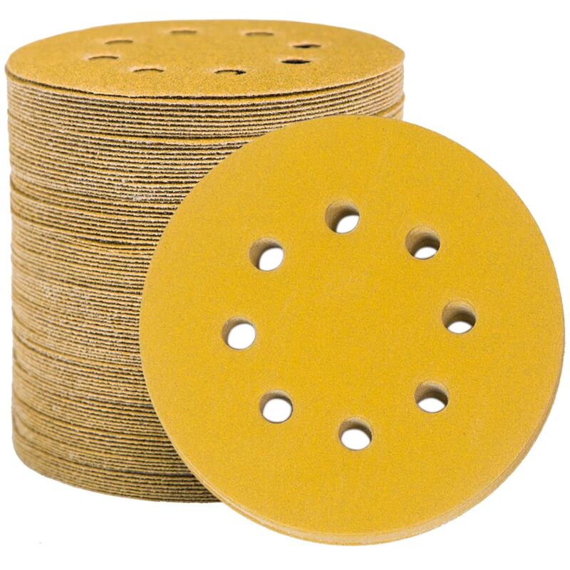 foto del prodotto dpzo dischi abrasivi in carta vetrata da 125 mm, 100 dischi abrasivi, tamponi abrasivi rotondi per levigatrice, 8 fori, grana 150 per levigatura,