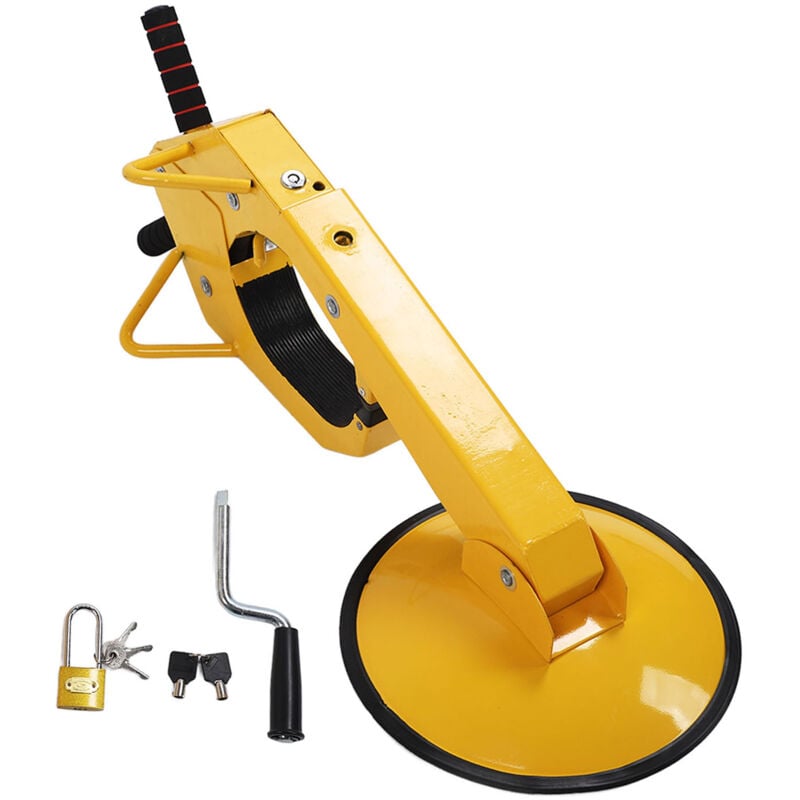 foto del prodotto morsetto blocca ruota, pneumatico antifurto rinforzato, artiglio per auto ad alta sicurezza, giallo brillante, con 3 chiavi eosnow