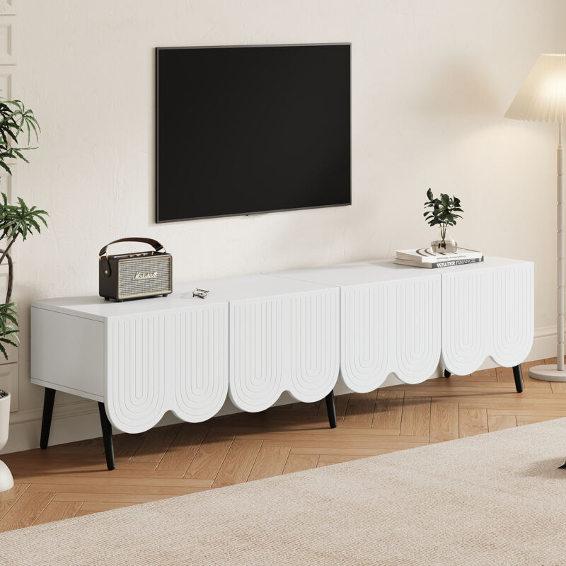foto del prodotto mobile tv moderno bianco con bordo ondulato esclusivo, 2 ante, per tv fino a 80 pollici 180 x 40 x 45 cm