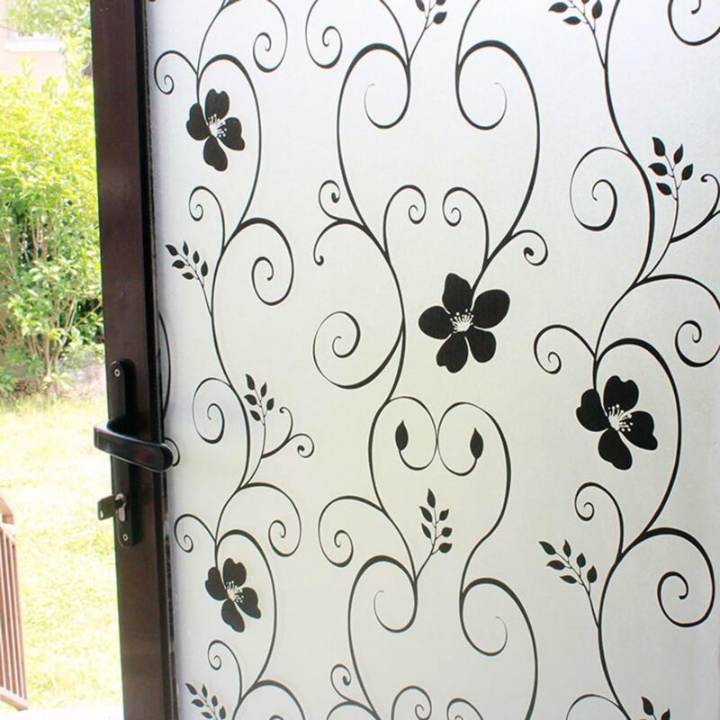 foto del prodotto rapanda pellicola decorativa per finestre satinata con motivo floreale nero non adesiva senza colla pellicola statica anti uv 90 cm x 200 cm 