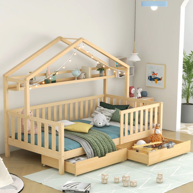 foto del prodotto letti con cassetti 90x200cm letti singoli per bambini, 2 cassetti, legno, senza materasso, naturale