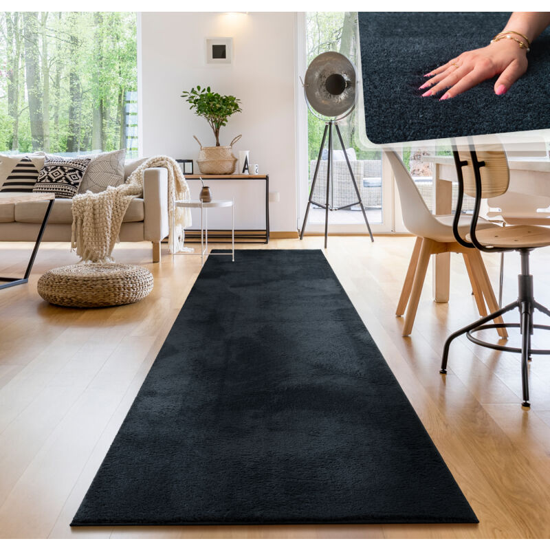 foto del prodotto paco home tappeto moderno per soggiorno a pelo corto lavabile morbido uni effetto pelliccia antiscivolo 80x300 cm, navy blu