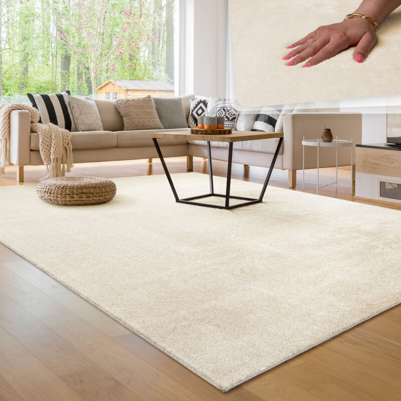 foto del prodotto paco home tappeto moderno per soggiorno a pelo corto lavabile morbido uni effetto pelliccia antiscivolo 140x200 cm, crema