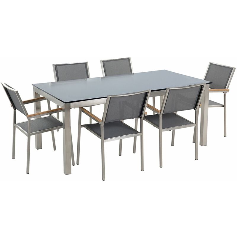 foto del prodotto set da giardino tavolo piano in vetro nero e 6 sedie grigie 180 x 90 cm grosseto
