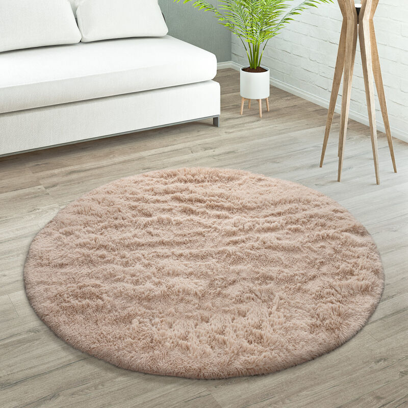foto del prodotto paco home tappeto salotto pelo lungo soggiorno pelliccia finta shaggy morbido monocolore beige, 80 cm tondo