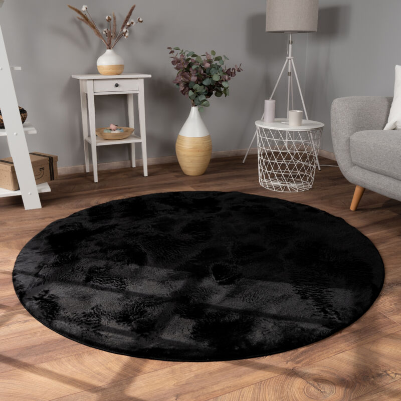 foto del prodotto paco home tappeto per soggiorno in finta pelliccia peluche alto pelo morbido disponibile in diverse colori nero, 80 cm tondo