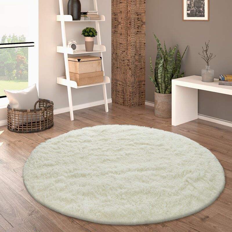 foto del prodotto paco home tappeto salotto pelo lungo soggiorno pelliccia finta shaggy morbido monocolore bianco, 120 cm tondo