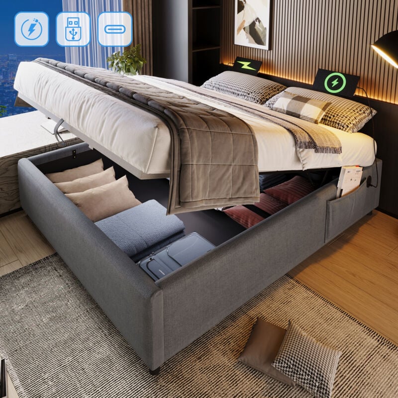 foto del prodotto letti contenitore 160 200 cm, letti imbottito per adulti, con usb c, senza testiera, lino, senza materasso, grigio